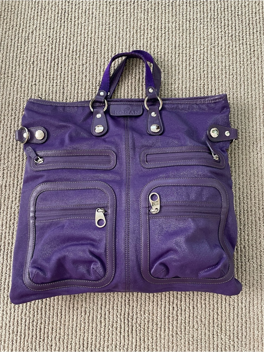 Hogan Purple Canvas/Leather  crossbody Tote with Front Zip Pockets